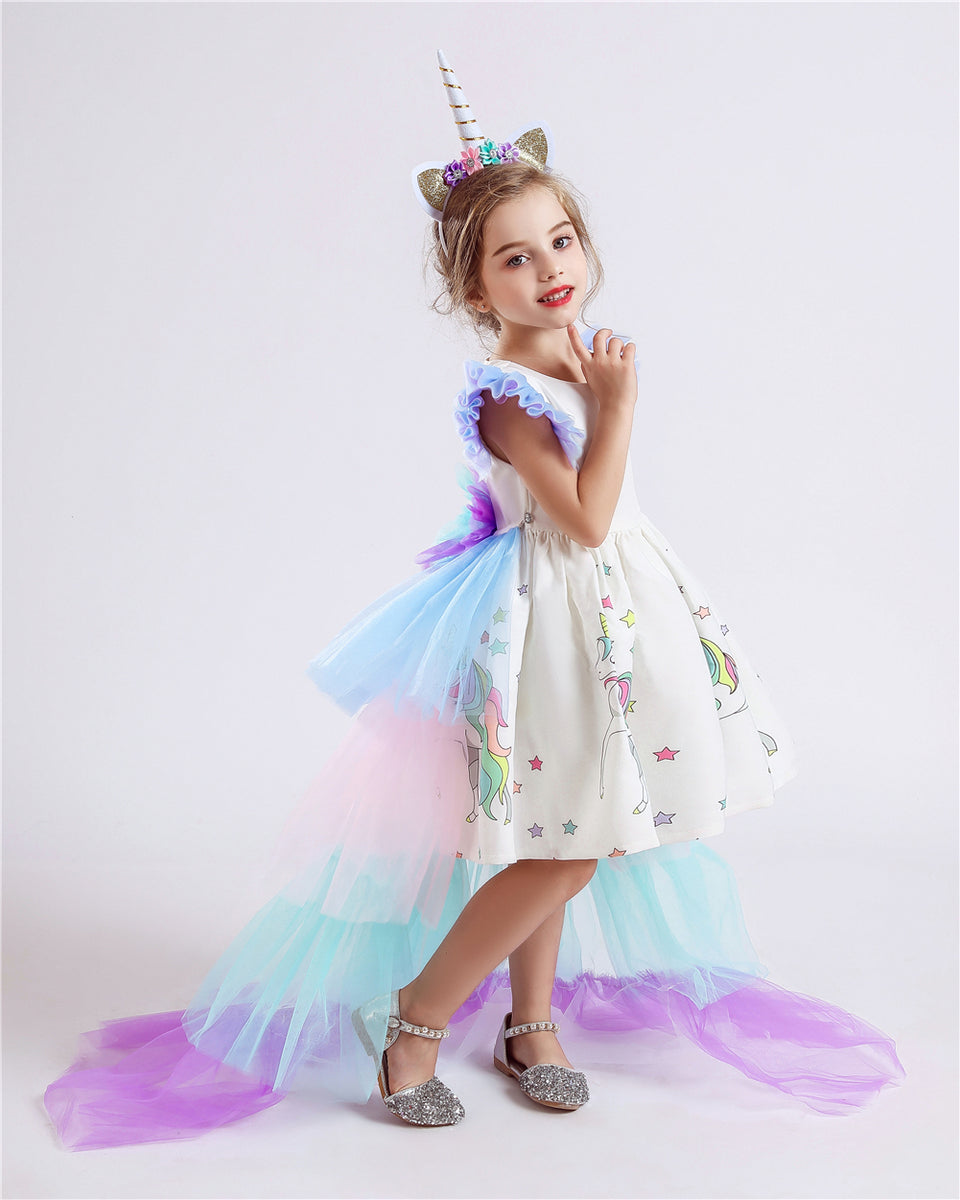 strapless open back dress Girls Unicorn Dress Party Costume, Rainbow Tutu Train & Unicorn Headba –  jiaduofashion