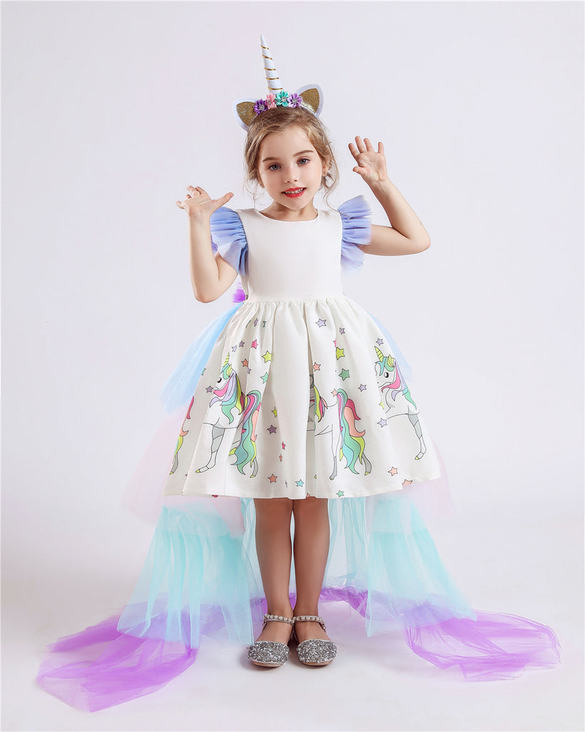 Girls Unicorn Dress Party Costume, Rainbow Tutu Train & Unicorn Headba –  jiaduofashion